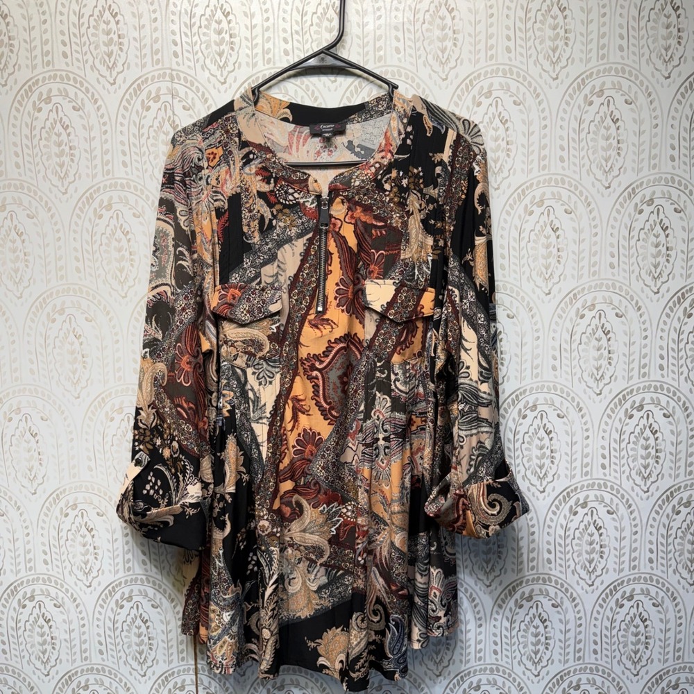 Cocomo Blouse Womens 3X Multicolor Paisley Quarter Zip Roll Tab Sleeve Tunic Top